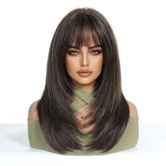 Dark Espresso Brown with Bangs Straight Layers 20