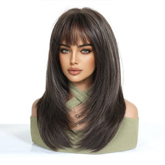 Dark Espresso Brown with Bangs Straight Layers 20