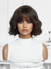Natural Dark Brown Short Wavy Bob with Bangs 10