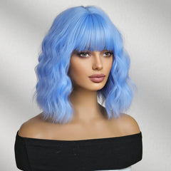 Pastel Blue Wavy Bob with Full Bangs 12