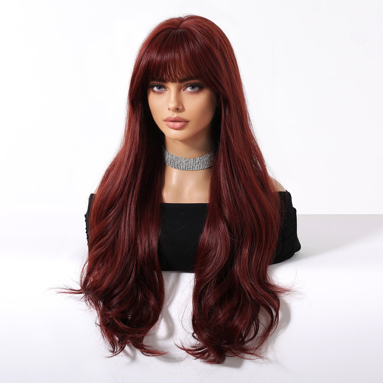 Wine Red with Bangs Long Curly 26
