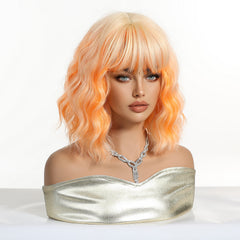 Cream Blonde & Peach Orange Wavy Bob with Curtain Bangs 12