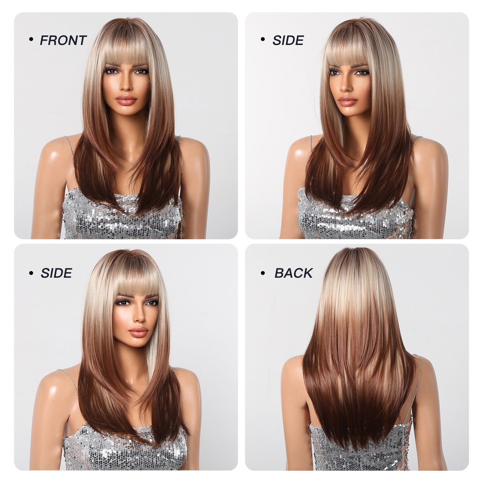Blonde to Brown with Bangs Straight Long 24
