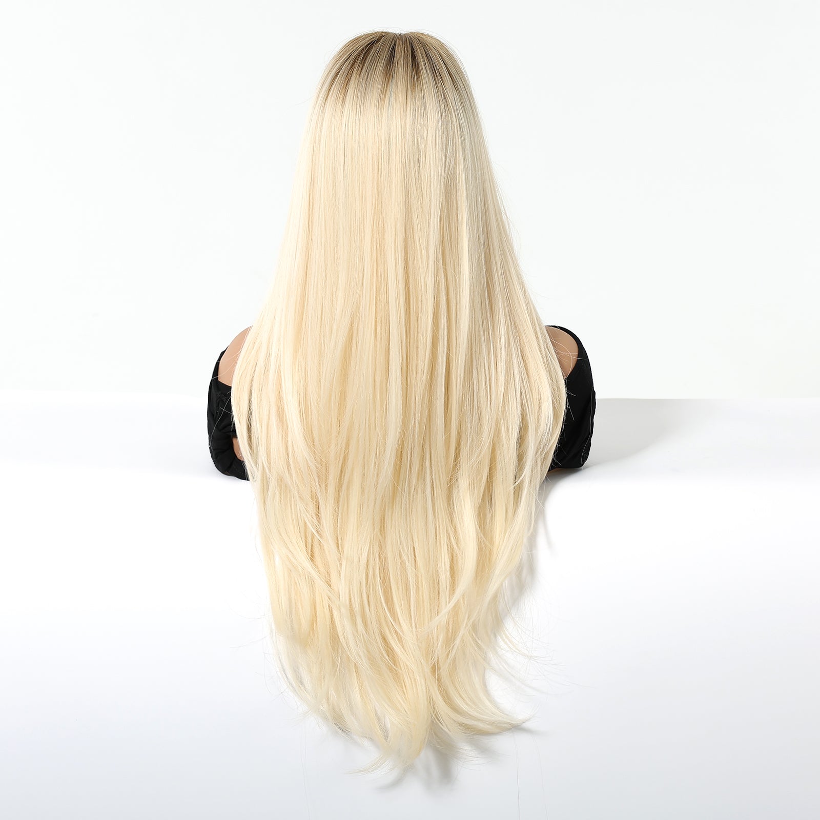 Platinum Blonde with Brown Roots Long Straight with Bangs  26