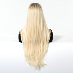Platinum Blonde with Brown Roots Long Straight with Bangs  26