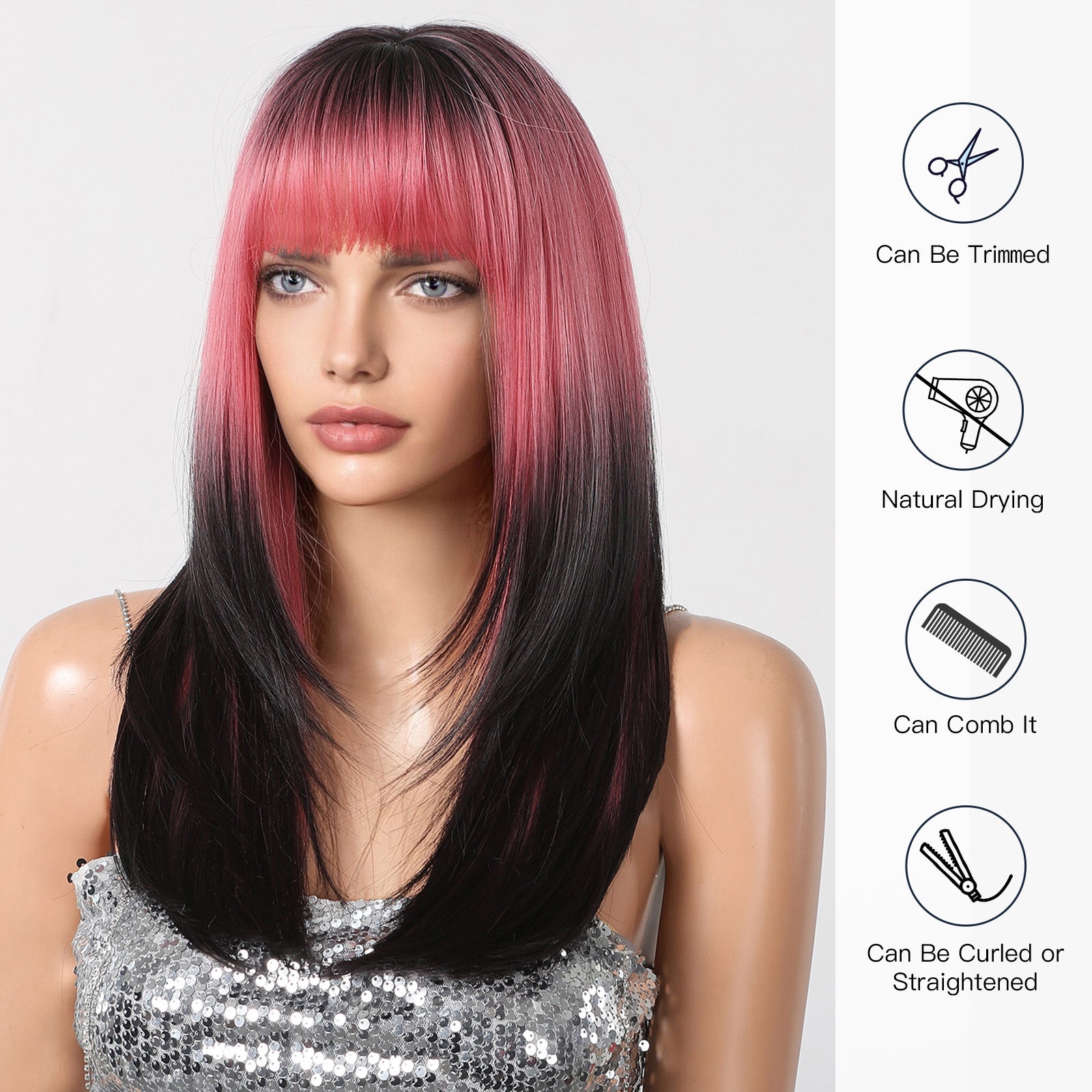Vibrant Pink Top to Black Ends Straight Long 24