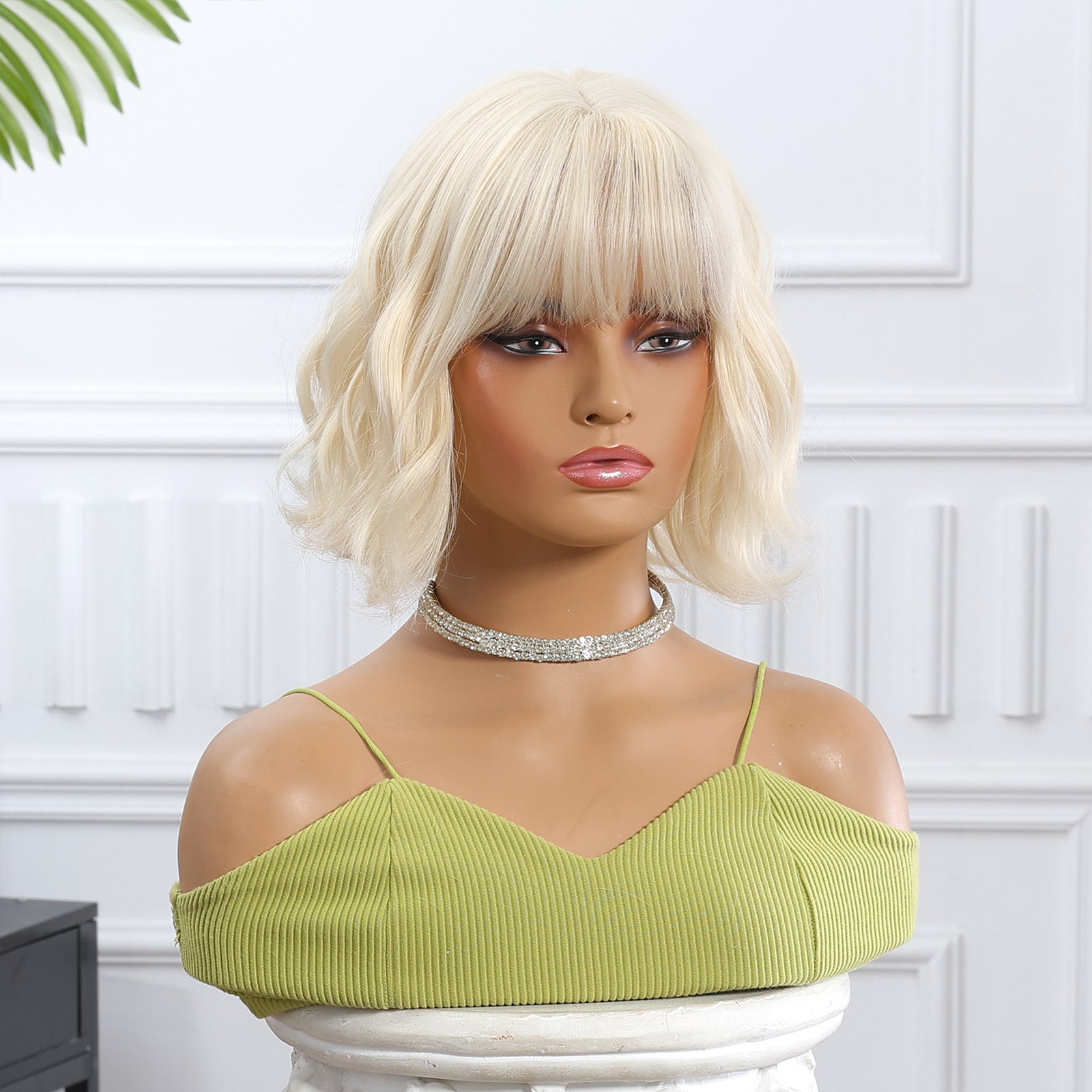 Platinum Blonde with Bangs Medium Bob-Style Curly 10