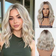LaceFront Creamy Ash Blonde with Dark Roots Wavy 14