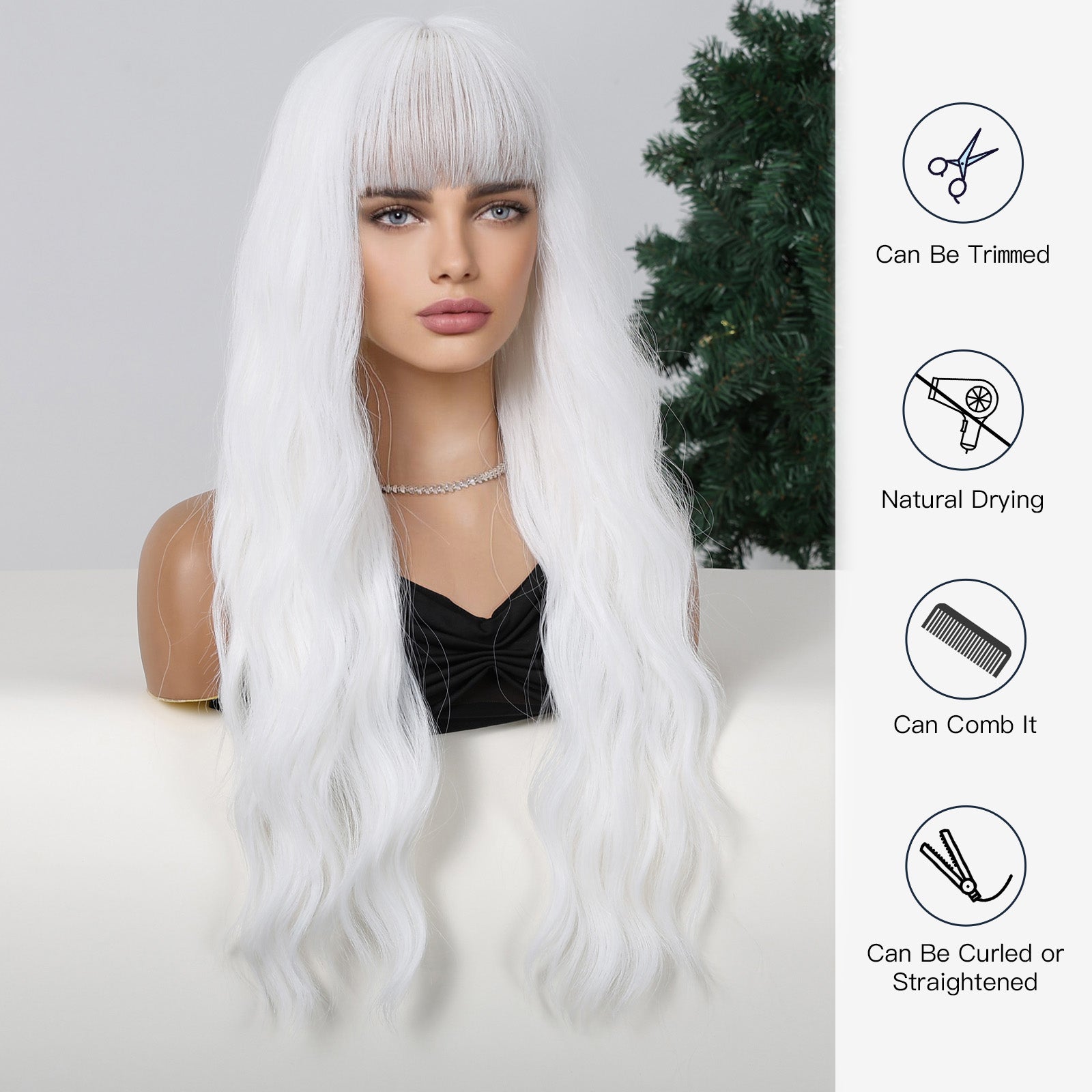 White with Bangs Long Wavy 26