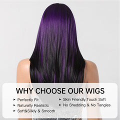 Black Purple Long Straight with Bangs 24