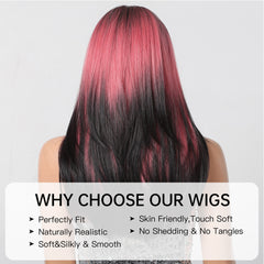 Black Root Rose Pink Long Straight with Bangs 24