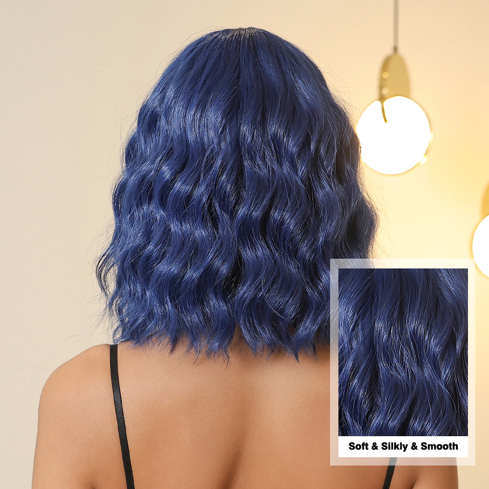 Blue with Bangs Bob-Style Wavy Medium 10