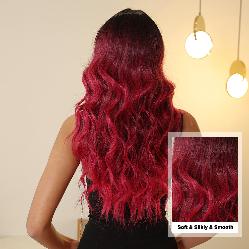 Ruby Red with Dark Roots Curtain Bangs Long Wavy 26