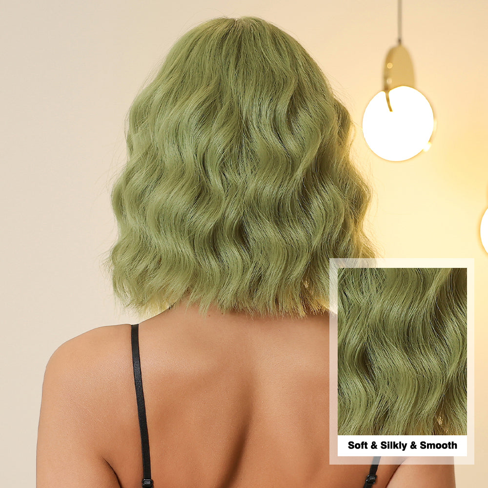 Green with Bangs Bob-Style Wavy 10