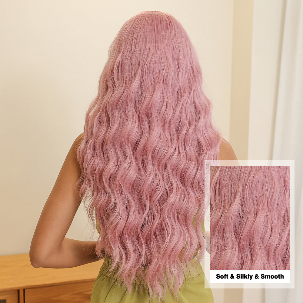 Pastel Pink with Bangs Long Wavy 26