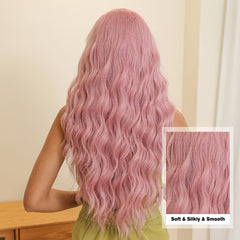 Pastel Pink with Bangs Long Wavy 26