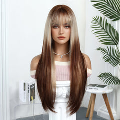 Blonde Money Piece Chocolate Brown Straight Wig with Bangs 26