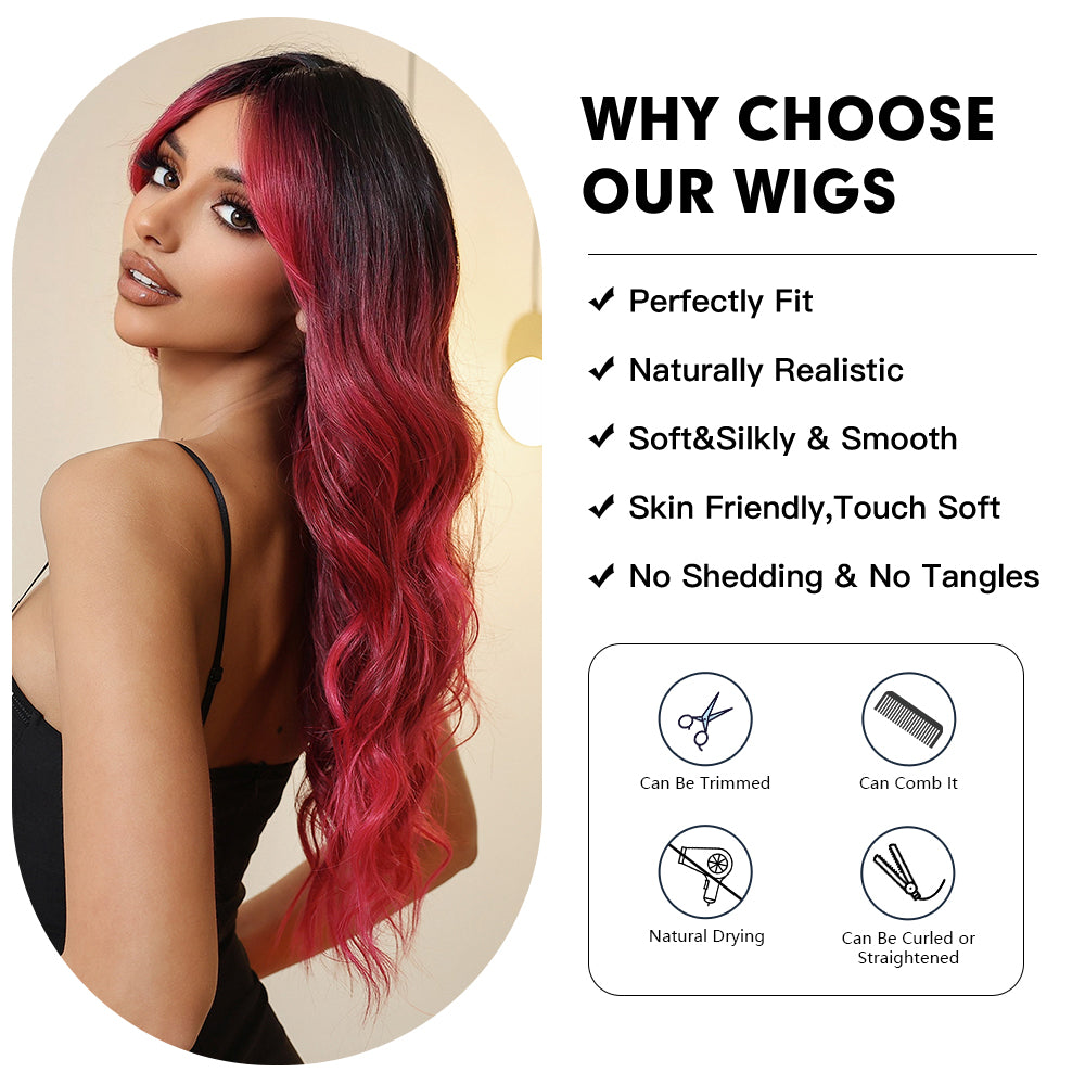 Ruby Red with Dark Roots Curtain Bangs Long Wavy 26
