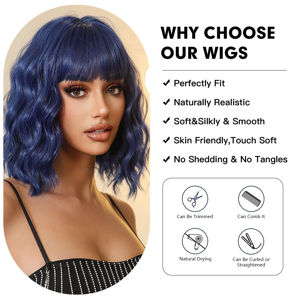 Blue with Bangs Bob-Style Wavy Medium 10