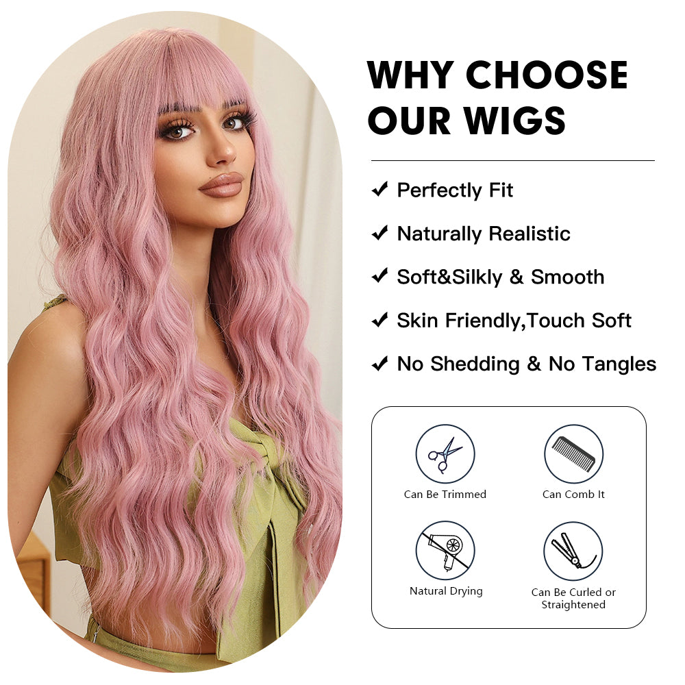 Pastel Pink with Bangs Long Wavy 26