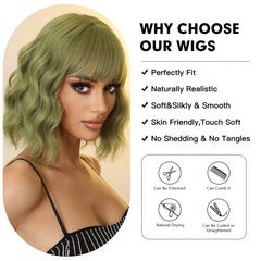 Sage Green Short Wavy Bob with Bangs 10