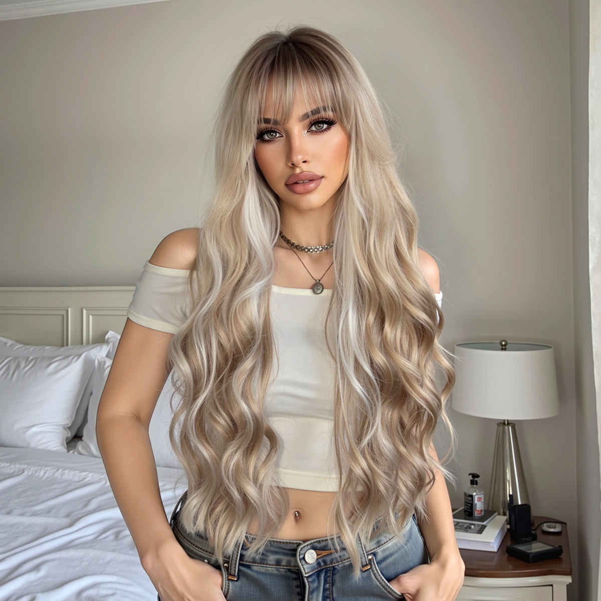 Ash Blonde Long Wavy with Bangs 28