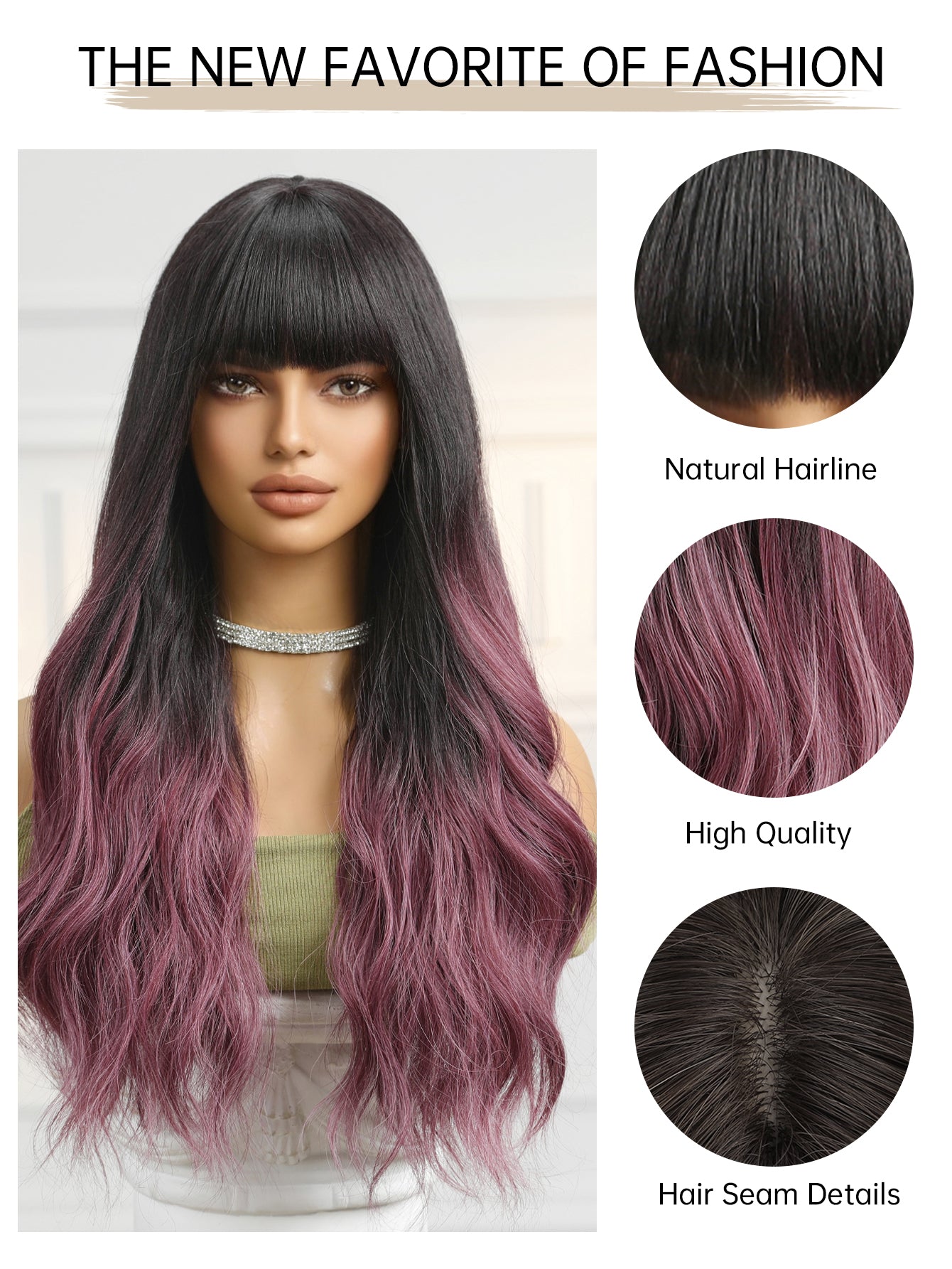 Dark Brown to Purple with Bangs Wavy Long 24