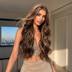 LaceFront Chocolate Brown with Beige Blonde Highlights Soft Waves 28