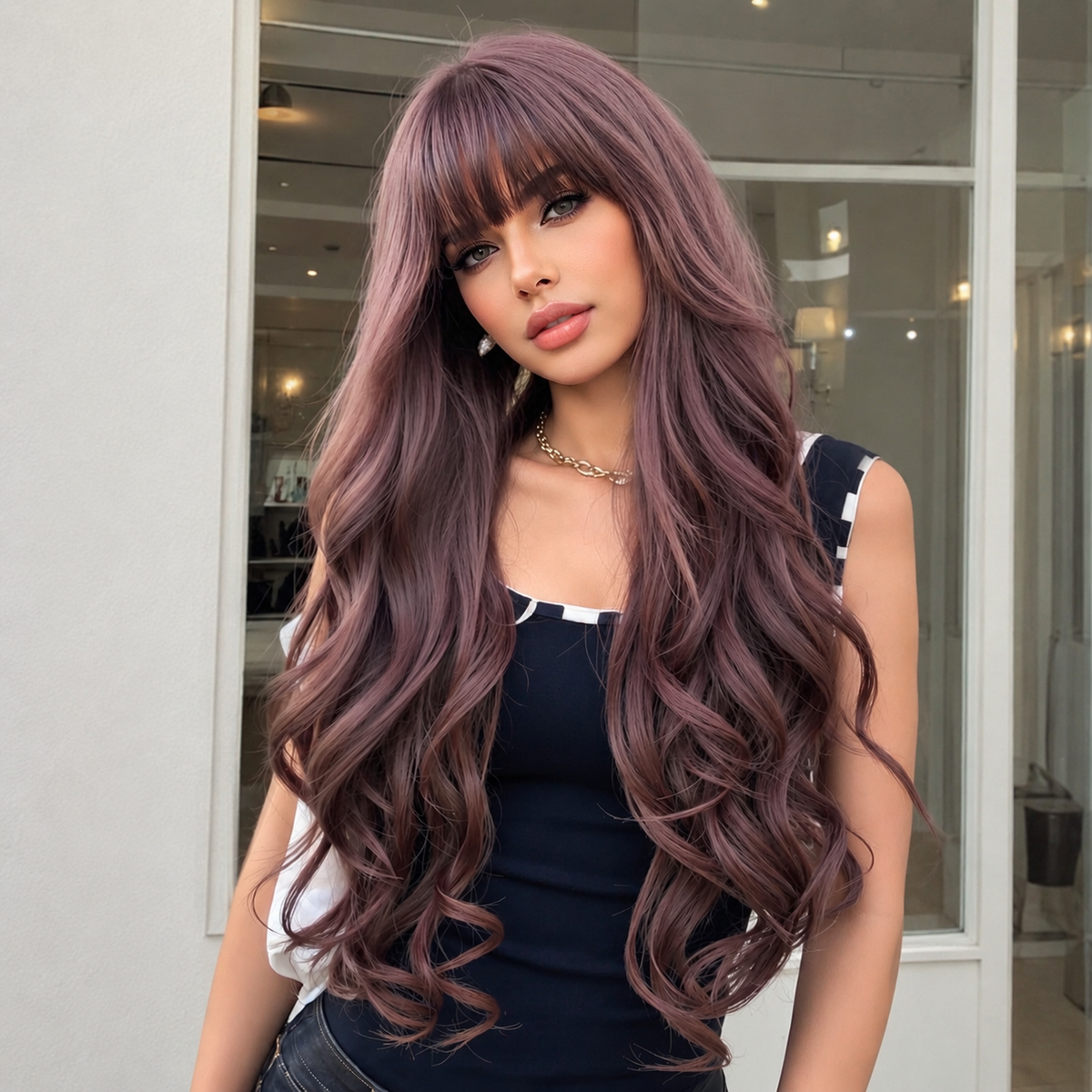 Dusty Rose with Bangs Long Curls 30