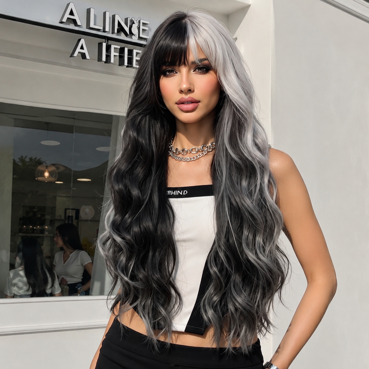 Half Black Half Silver Grey with Bangs Long Waves 30