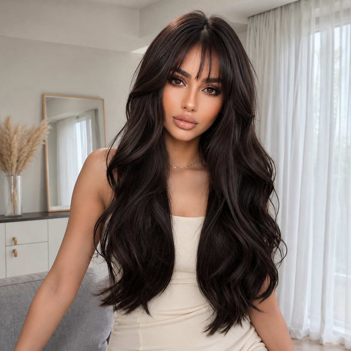 Dark Brown Long Waves with Wispy Bangs 24