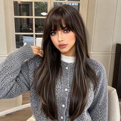 Espresso Glow Long Layered Wig with Wispy Bangs 26