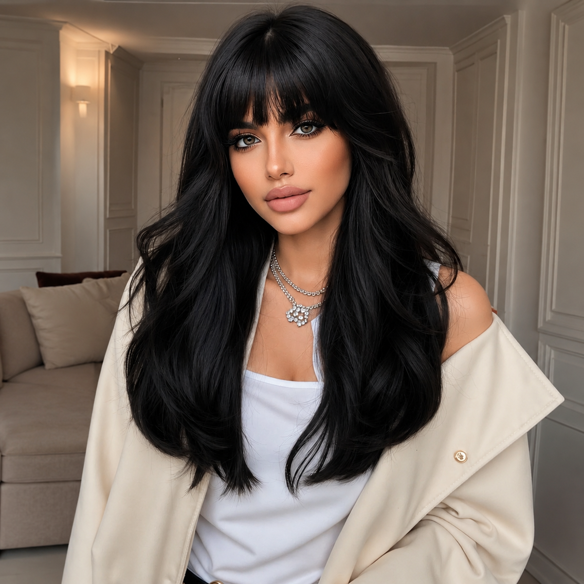 Midnight Elegance Long Wavy Wig with Wispy Bangs 20