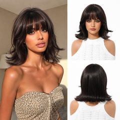 Dark Chocolate Brown Feathered Bob with Curtain Bangs 12