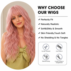 Pastel Pink with Bangs Long Wavy 26