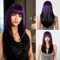 Black Purple Long Straight with Bangs 24