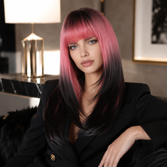 Black Root Rose Pink Long Straight with Bangs 24
