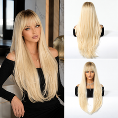 Cream Blonde Long Straight with Bangs 26