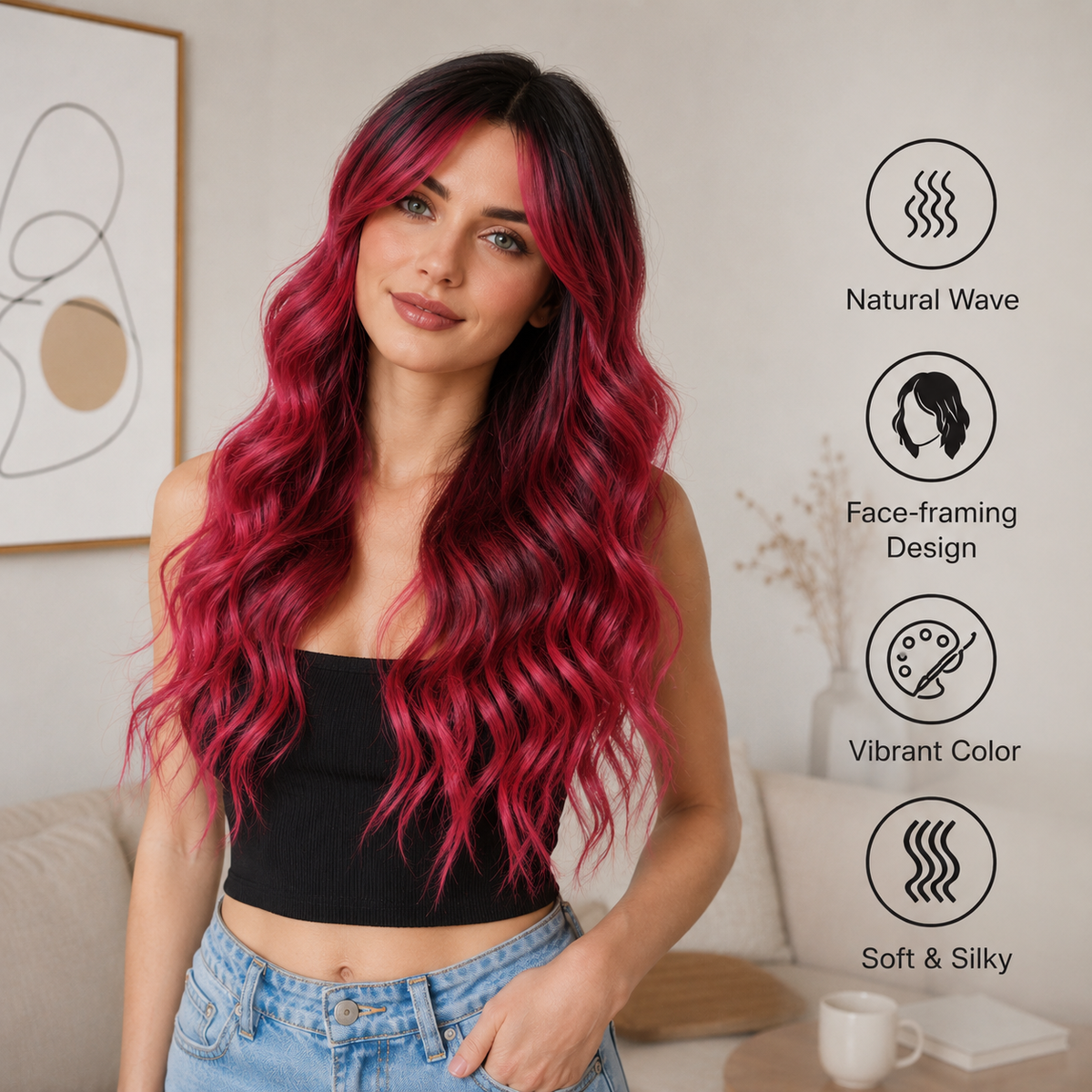 Ruby Red with Dark Roots Curtain Bangs Long Wavy 26