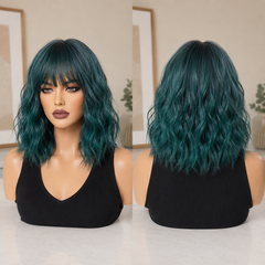 Deep Teal Medium Wavy Bob with Bangs 12