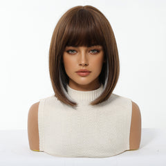 Chestnut Brown and Silver Highlights with Bangs Straight Bob 12