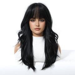 Midnight Elegance Long Wavy Wig with Wispy Bangs 20