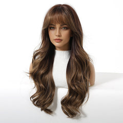 Chocolate Brown Balayage with Bangs Long Waves 24