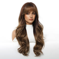 Chocolate Brown Balayage with Bangs Long Waves 24