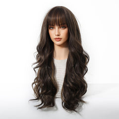 Dark Chocolate Brown with Bangs Long Curls 24