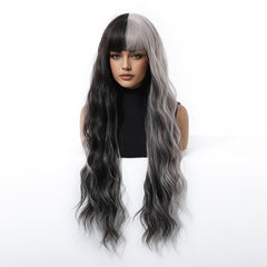 Half Black Half Silver Grey with Bangs Long Waves 30