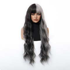Half Black Half Silver Grey with Bangs Long Waves 30
