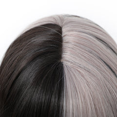 Half Black Half Silver Grey with Bangs Long Waves 30