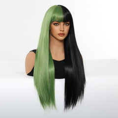 Half Forest Green Half Black Straight with Bangs 26