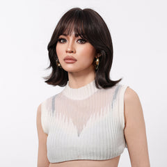 Dark Chocolate Brown Feathered Bob with Curtain Bangs 12